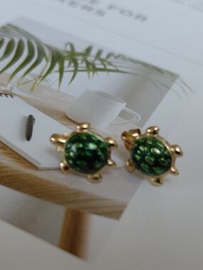 REAL Gold Turtle  Earrings with Green Shell